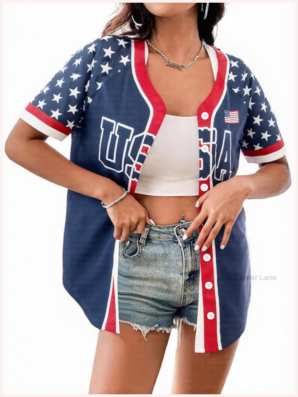 Women's Patriotic USA Baseball Button Down Shirt – Star Pattern Top